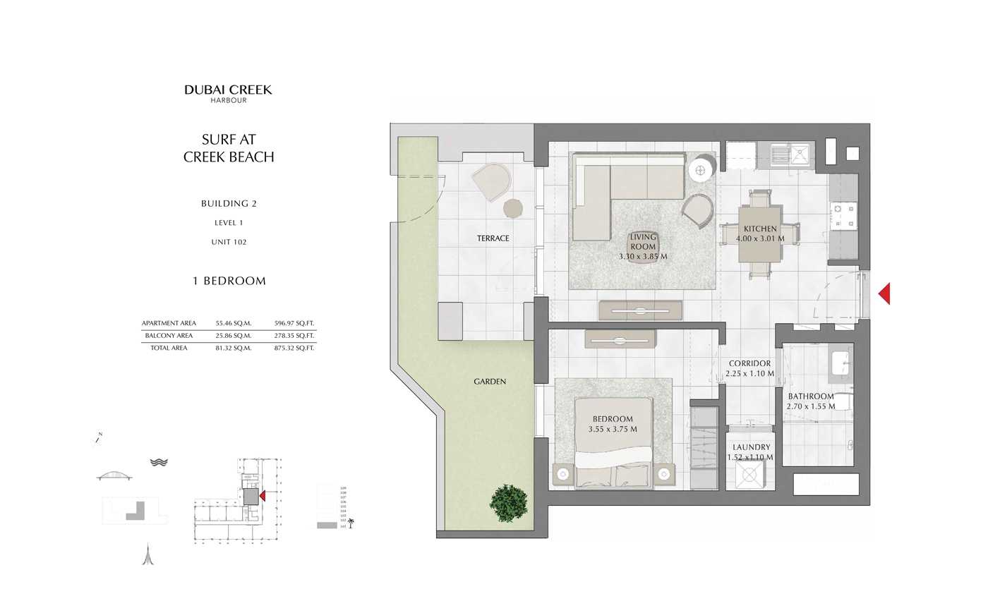 Building 2, 1 Bedroom Level 1, Unit 102, Size 875 Sq Ft